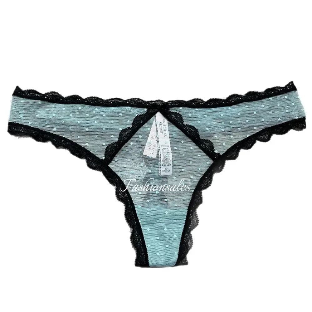 Victorias Secret Supersoft Mesh dot / Lace trim Thong Panty mint green Large